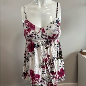 Kismet Floral Print Babydoll Tank Top - Pink and White